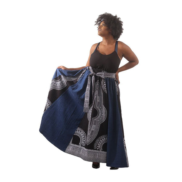 Denim & Black Trad Print Long Skirt Womens Skirts