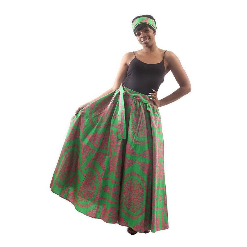 Royalty Print Maxi Skirt: Green/pink Womens Skirts