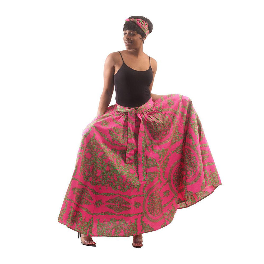 Royalty Print Maxi Skirt: Pink/green Womens Skirts