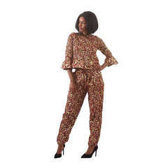 Golden Flower Pant Set Burgundy African Pant Suits