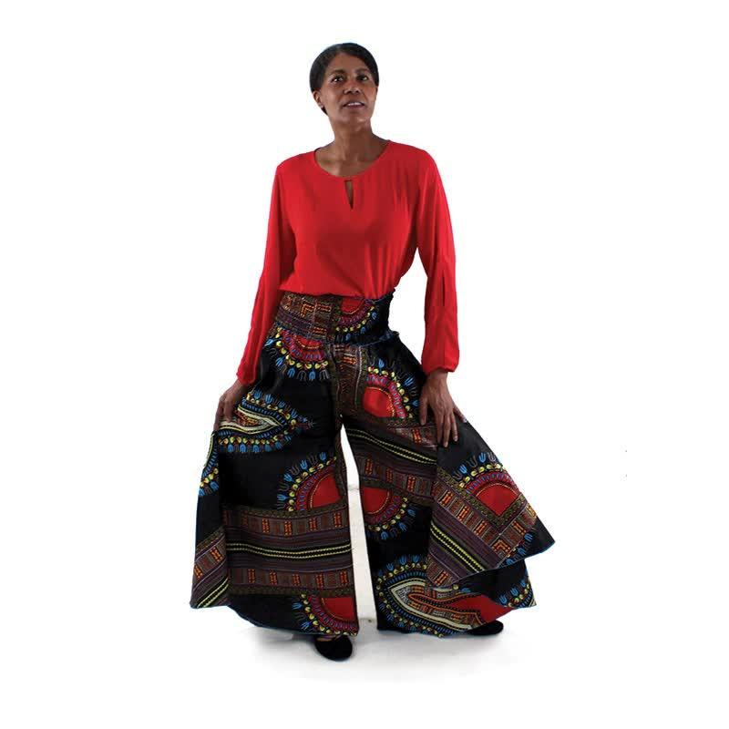 Traditional Print Gaucho Pants Black African Pant Suits