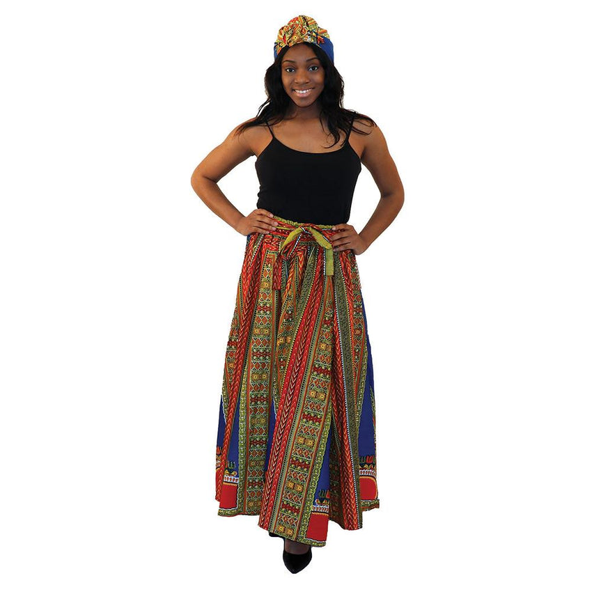 Traditional Print Paneled Skirt Blue Womens Skirts